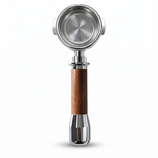 E61 Portafilter 58mm Wood Handle Bottomless & Spouted: handle bottomless spouted hero product shot