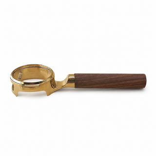 Alternate view of E61 Bottomless Portafilter 58mm Walnut Wood Handle Gold/Silver: gold walnut side