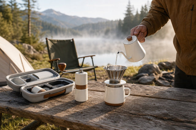 Portable pour-over coffee set brewing at a campsite with gooseneck kettle, stainless steel dripper, and open EVA travel case