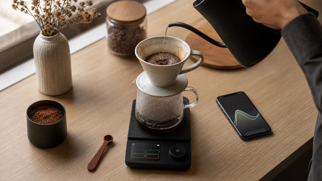 Pour-over coffee brewing on a smart Bluetooth coffee scale beside a phone displaying a brew curve