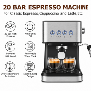 Alternate view of Espresso Coffee Machine 20 Bar 1.5L Stainless Steel Black: features
