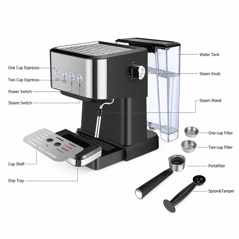 Espresso Coffee Machine 20 Bar 1.5L Stainless Steel Black: parts accessories
