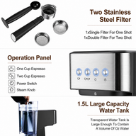 Espresso Coffee Machine 20 Bar 1.5L Stainless Steel Black: water tank control panel