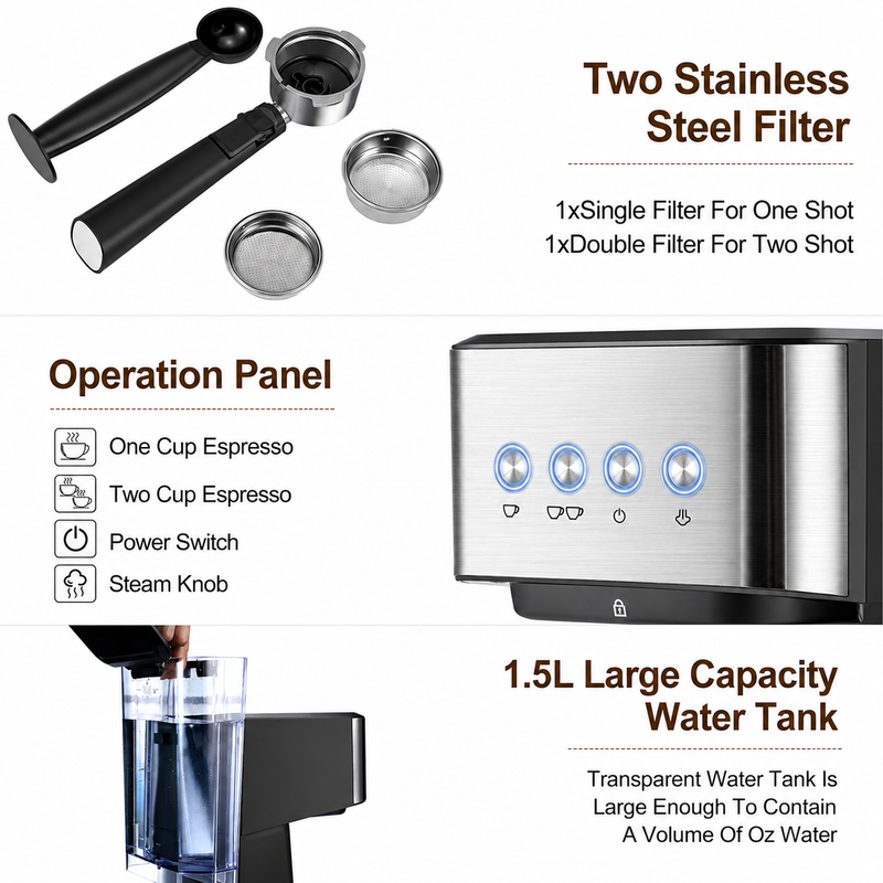 Espresso Coffee Machine 20 Bar 1.5L Stainless Steel Black: water tank control panel