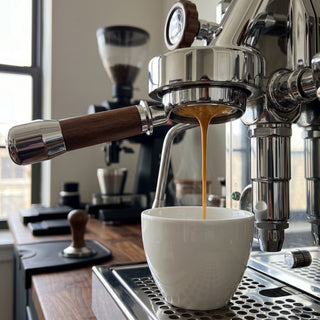 Alternate view of E61 Portafilter 58mm Wood Handle Bottomless & Spouted: bottomless spouted alternate angle full
