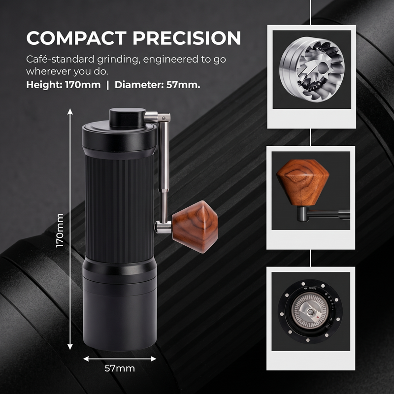 Manual Coffee Grinder 40 Settings Stainless Steel Burr: compact specifications infographic