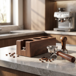 Alternate view of Espresso Tamper Stand 51-58mm ABS Wood Grain Organizer: in a lifestyle coffee setup kitchen