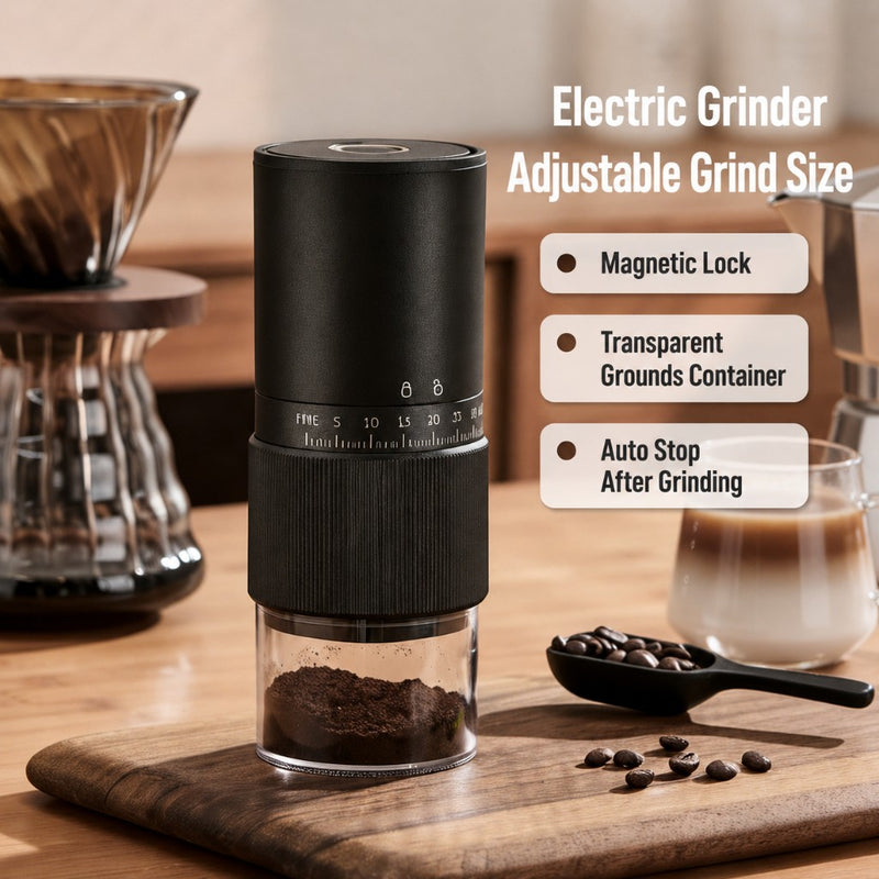 Automatic Espresso Grinder 35 Settings USB-C Rechargeable: lock transparent container