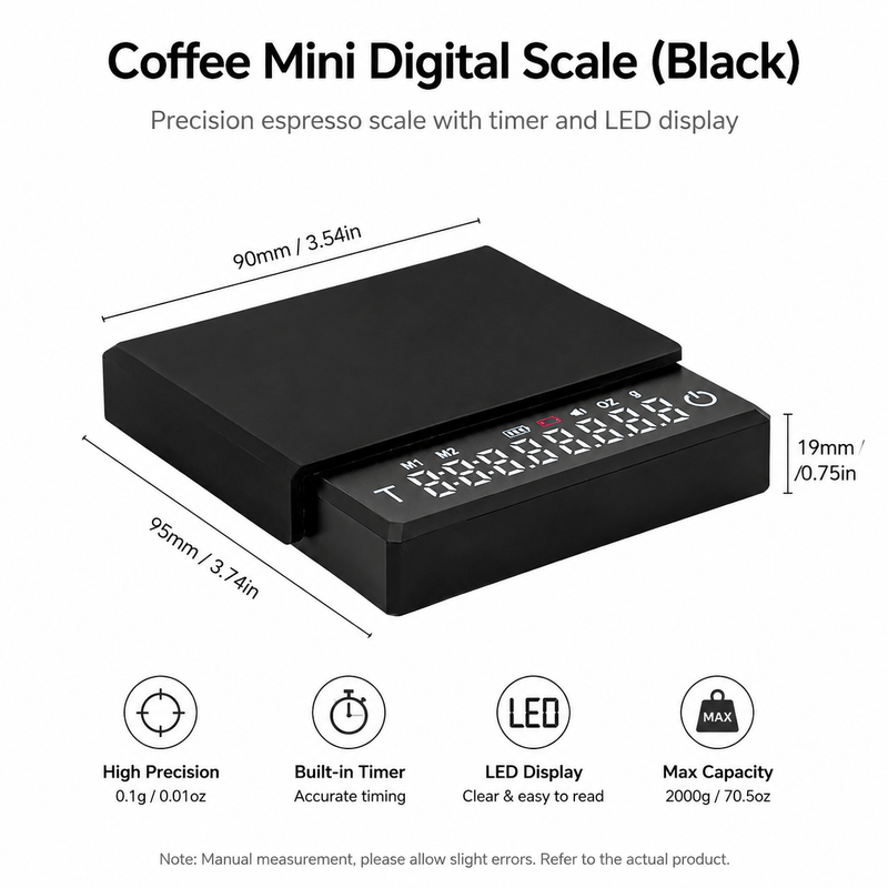Coffee Scale with Timer 2kg Digital Rechargeable Black/White: feature details build callout