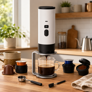 Alternate view of Portable Espresso Maker Brew Capsules or Ground Coffee: capsules ground alternate angle full