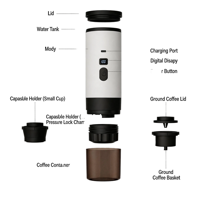 Portable Espresso Maker Brew Capsules or Ground Coffee: exploded parts