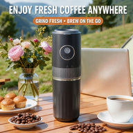 Black cordless coffee grinder for outdoor coffee brewing