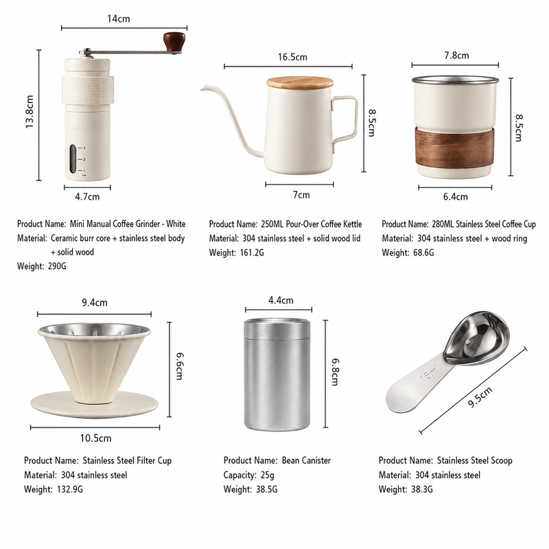 6-Piece Portable Pour-Over Coffee Set with Manual Grinder &: specifications infographic