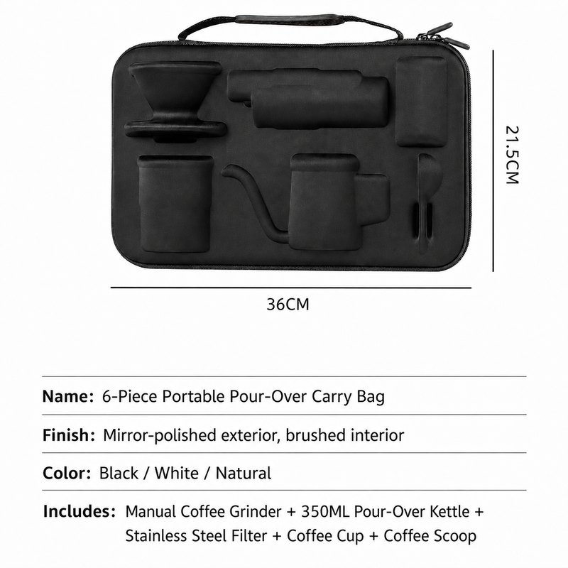 6-Piece Portable Pour-Over Coffee Set with Manual Grinder &: carry bag size