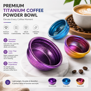 Alternate view of Espresso Dosing Cup Pure Titanium Powder Bowl Iridescent: premium in a lifestyle coffee setup setup