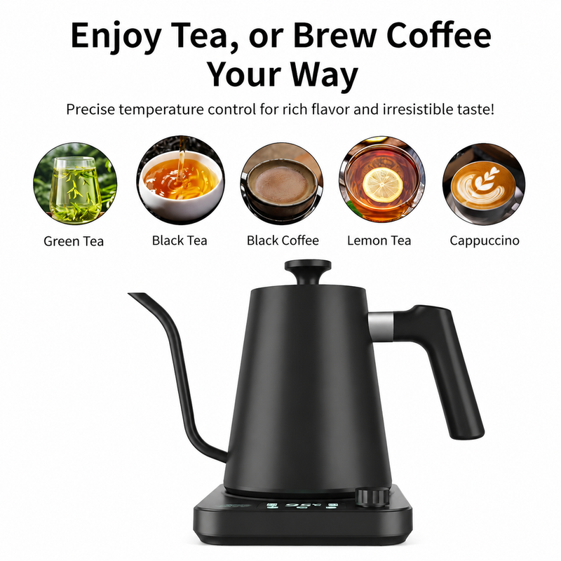 Smart Electric Gooseneck Kettle, 0.9L ±1°C Control: temperature brew guide
