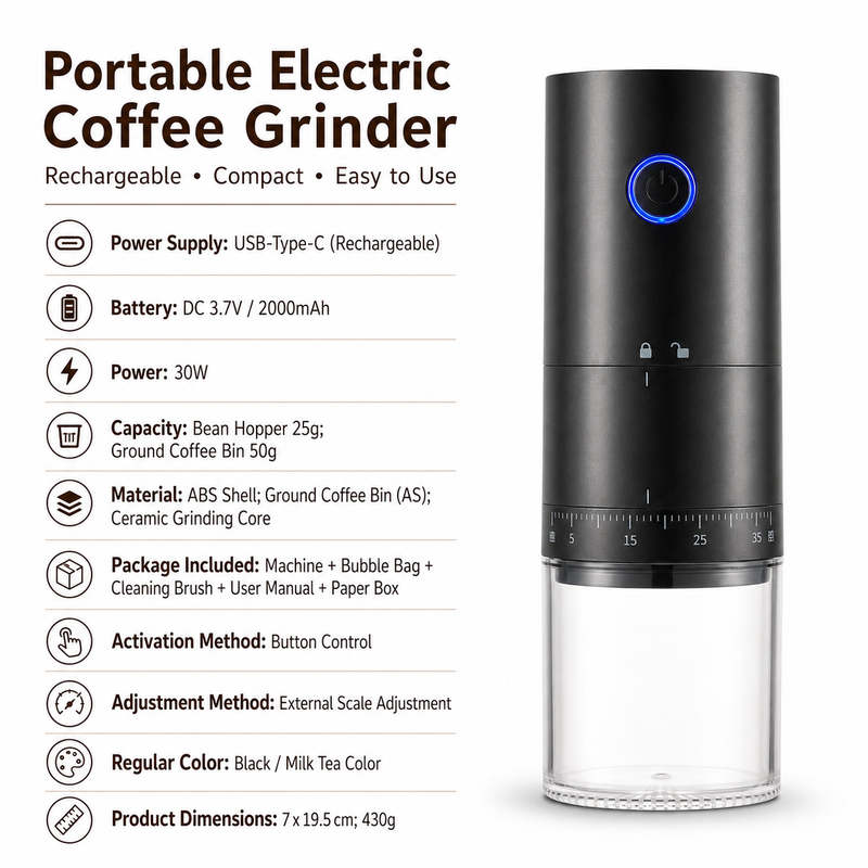 Electric Coffee Grinder 38-Step USB-C Rechargeable Ceramic: portable specifications black