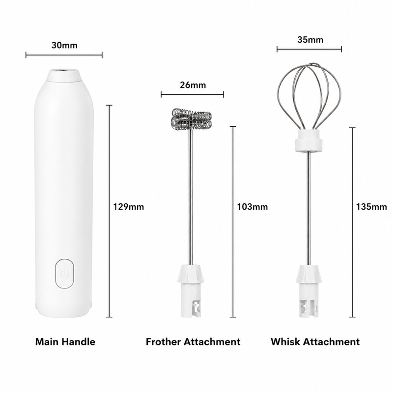 Rechargeable Electric Milk Frother, 3-Speed Whisk: attachments dimensions